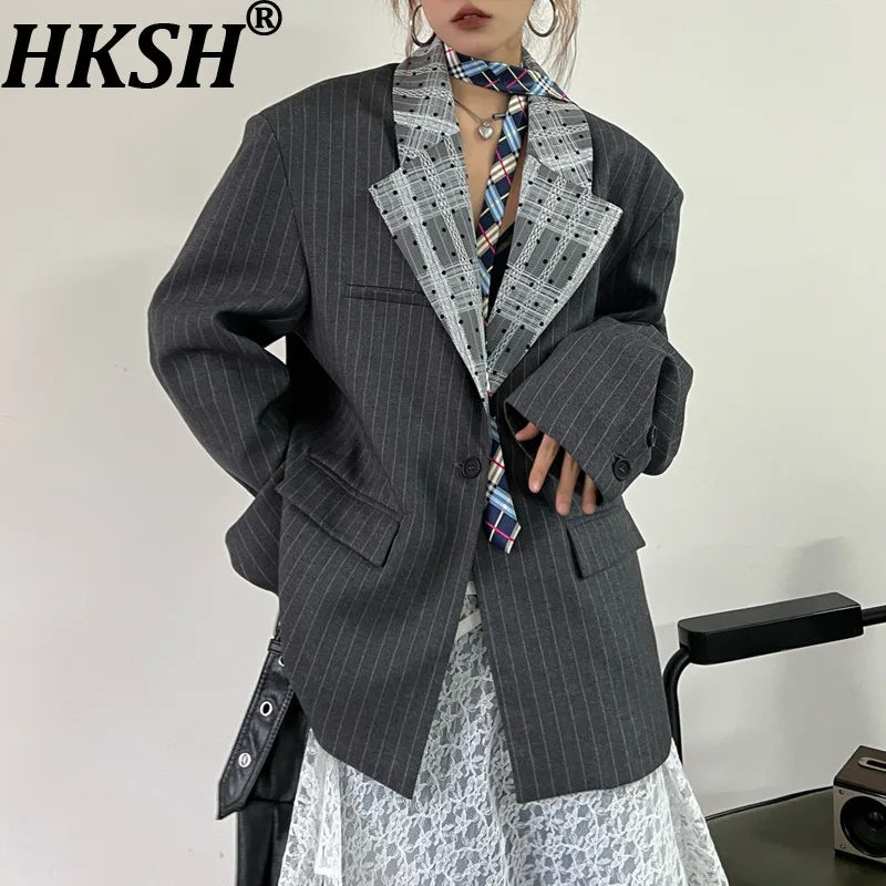 HKSH Primavera Autunno Nuovo Blazer da donna a righe Color Block Colletto rovesciato Tasche con bottone singolo Giacca elegante di fascia alta HK13900