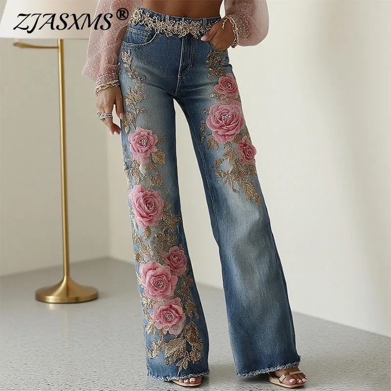 Ethnic Pink Rose Flower Print Imitation Jeans Vintage Chic Button Pocket Denim Pants Woman High Waist Straight Trousers Harajuku