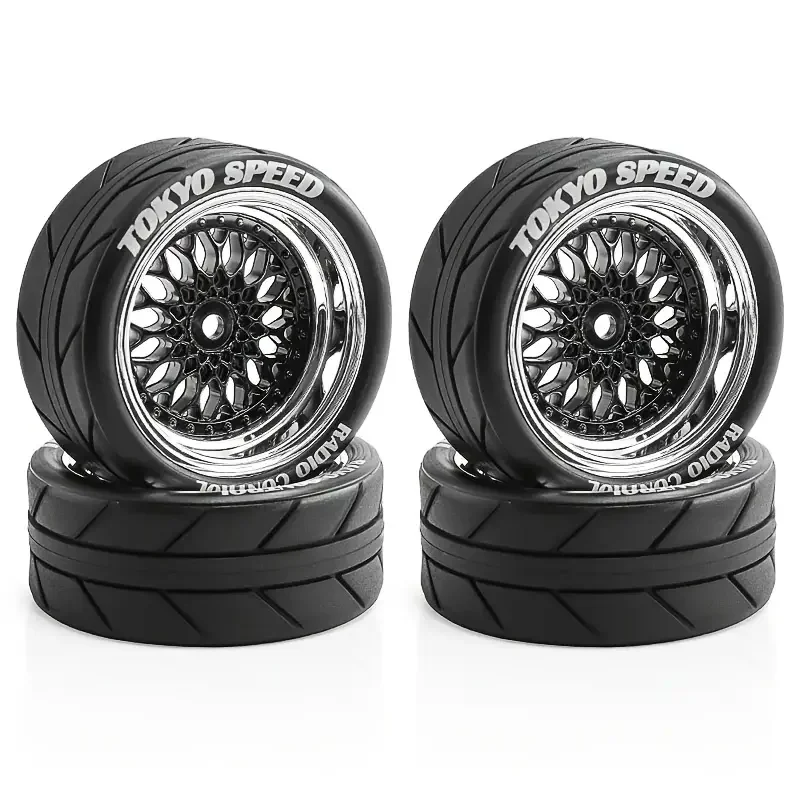 4PCS 1/10 RC Touring Tires & Chrome Black Rims 9mm Offset for Tamiya TT02/TT01 – Soft Rubber Devil Design High Grip