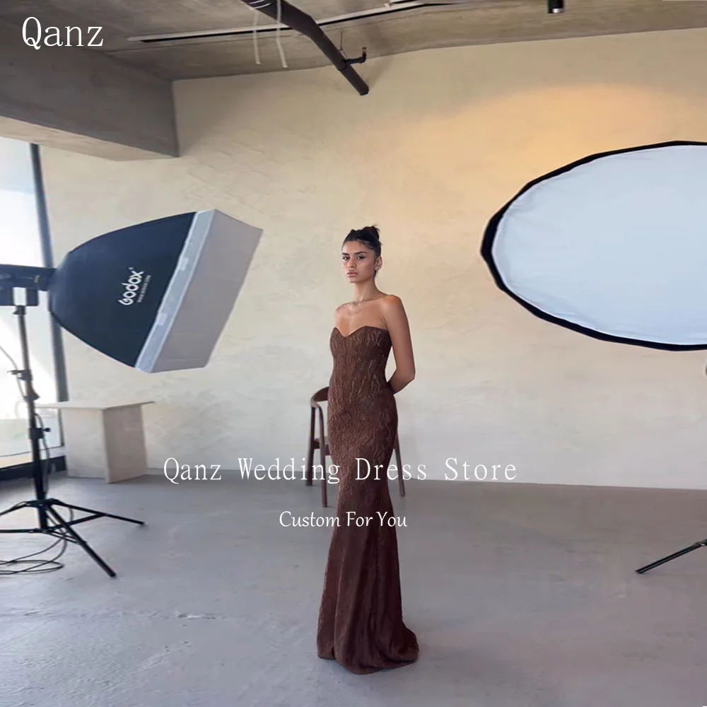 

Qanz Коричневые кружевные вечерние платья Русалка без бретелек Свадебные платья для гостей Стильные женские платья с открытой спиной De Soirée по индивидуальному заказу