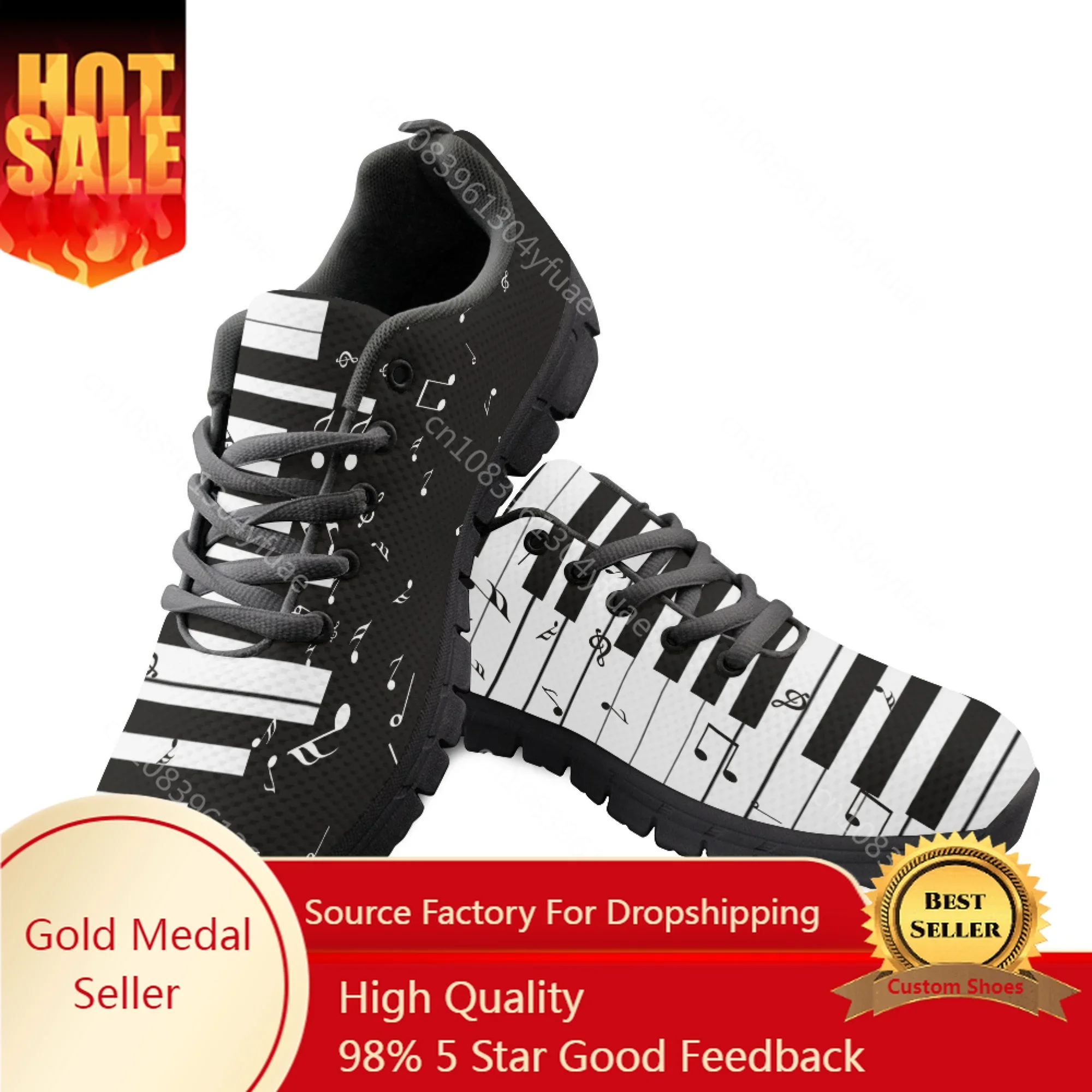 Yikeluo Black Musical Notes and Piano Print Mesh Swing Sneakers for Women Soft Sport Shoes Running Shoes Casual Footwear