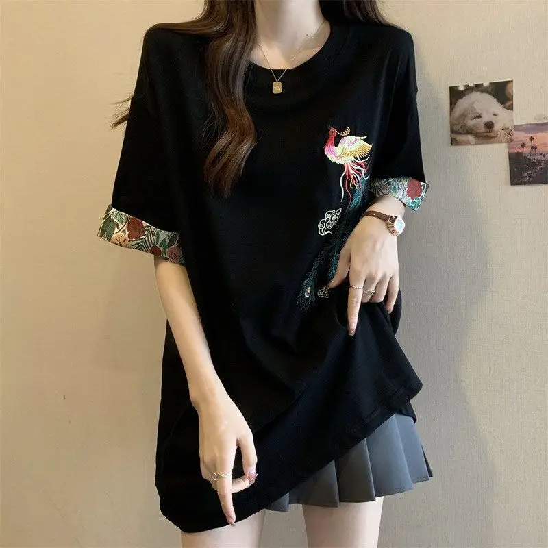 

Женские длинные футболки с вышивкой в китайском стиле, лето 2025 г., женские свободные пуловеры с круглым вырезом и короткими рукавами, винтажные женские топы