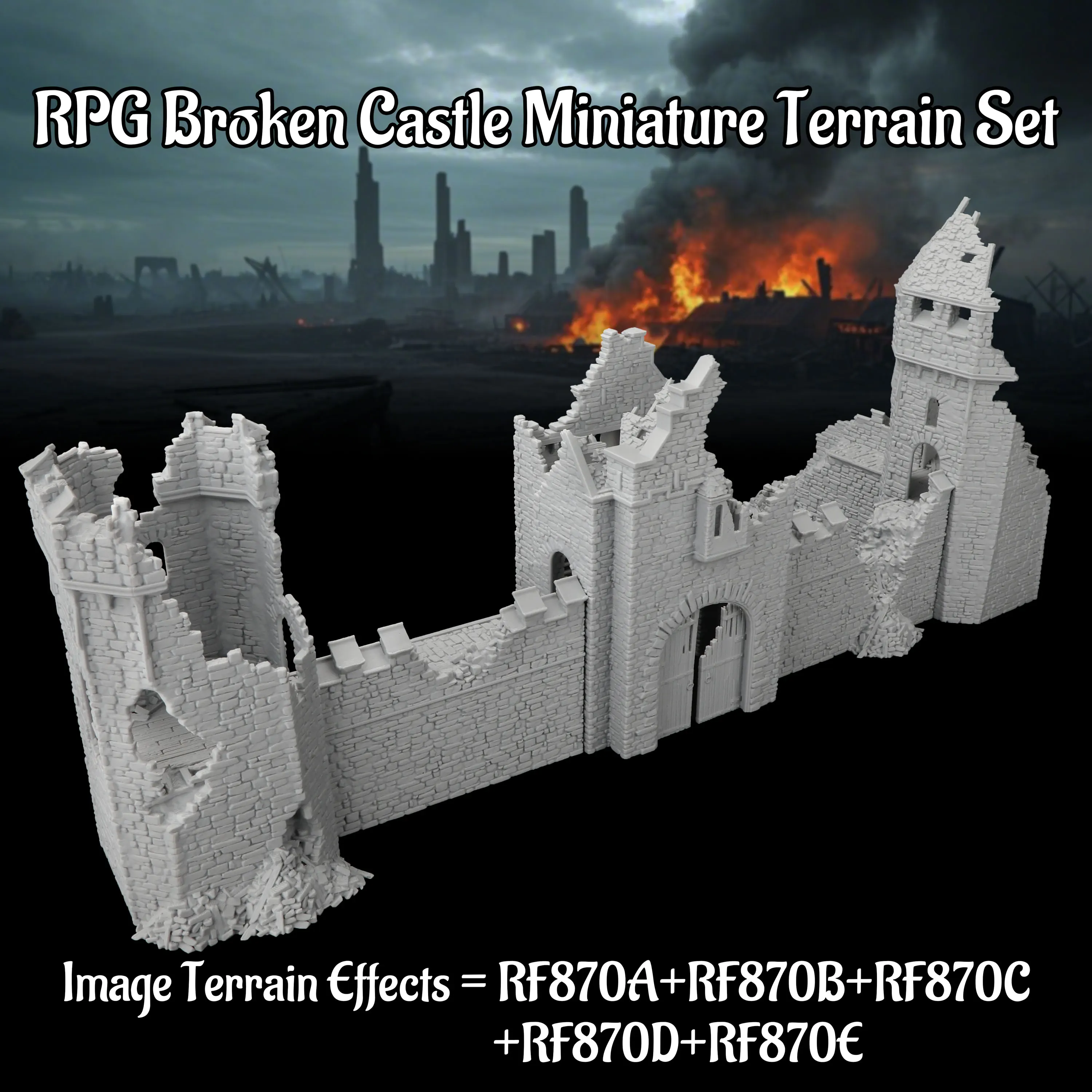 RPG Castle Ruins Terrain – Modular Expansion with Gate, Watchtower, Broken Tower & Collapsed Walls – Display Accessory