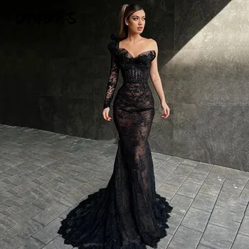Elegante abito lungo da ballo a sirena nera con una manica in pizzo abiti da sera abiti da laurea per feste Vestido De Noche personalizzato