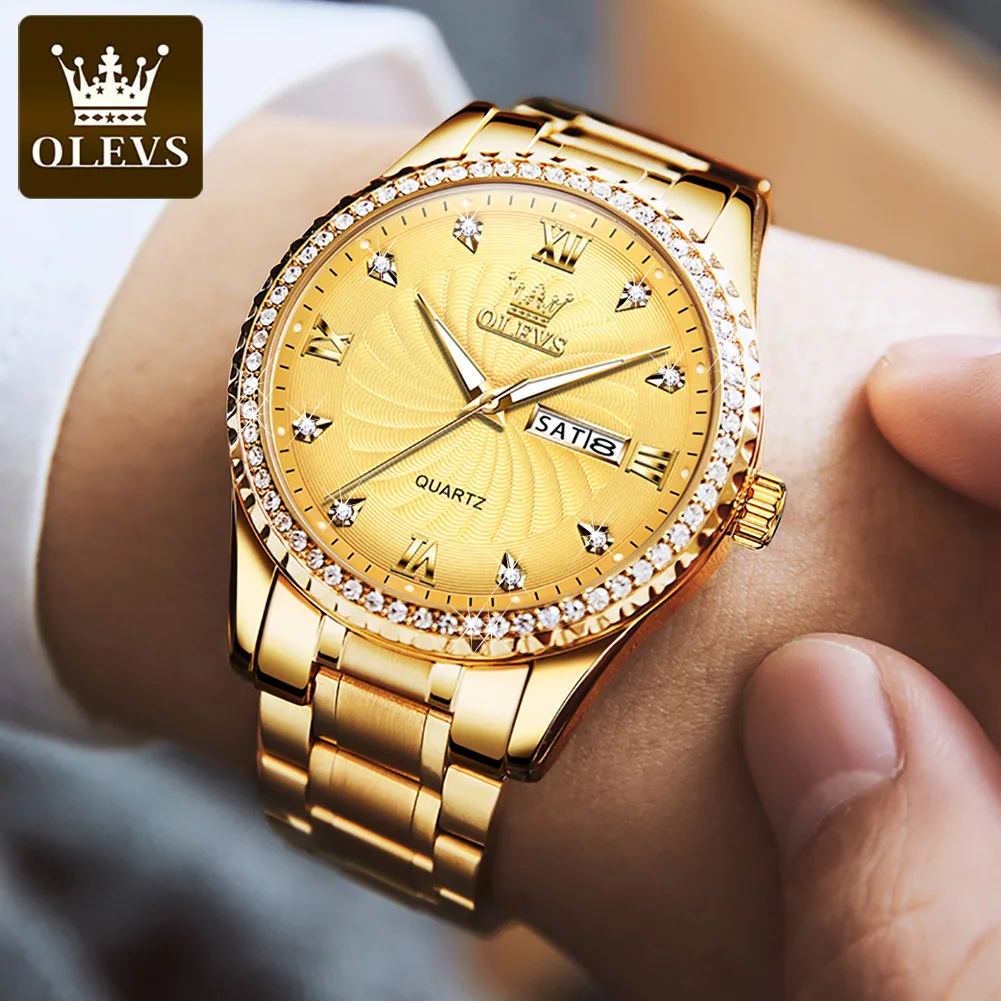 OLEVS 5565 Diamond Lap Quartz Watches for Men Golden Stainless Steel Waterproof Dual Calendar Men\'s Wrist Clock Luxury Man Watch