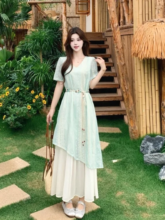 

Bohemian Style plus Size Women's Dress Short Sleeve Gathered Waist Long Skirt City Commute Summer New Style Gentle Women