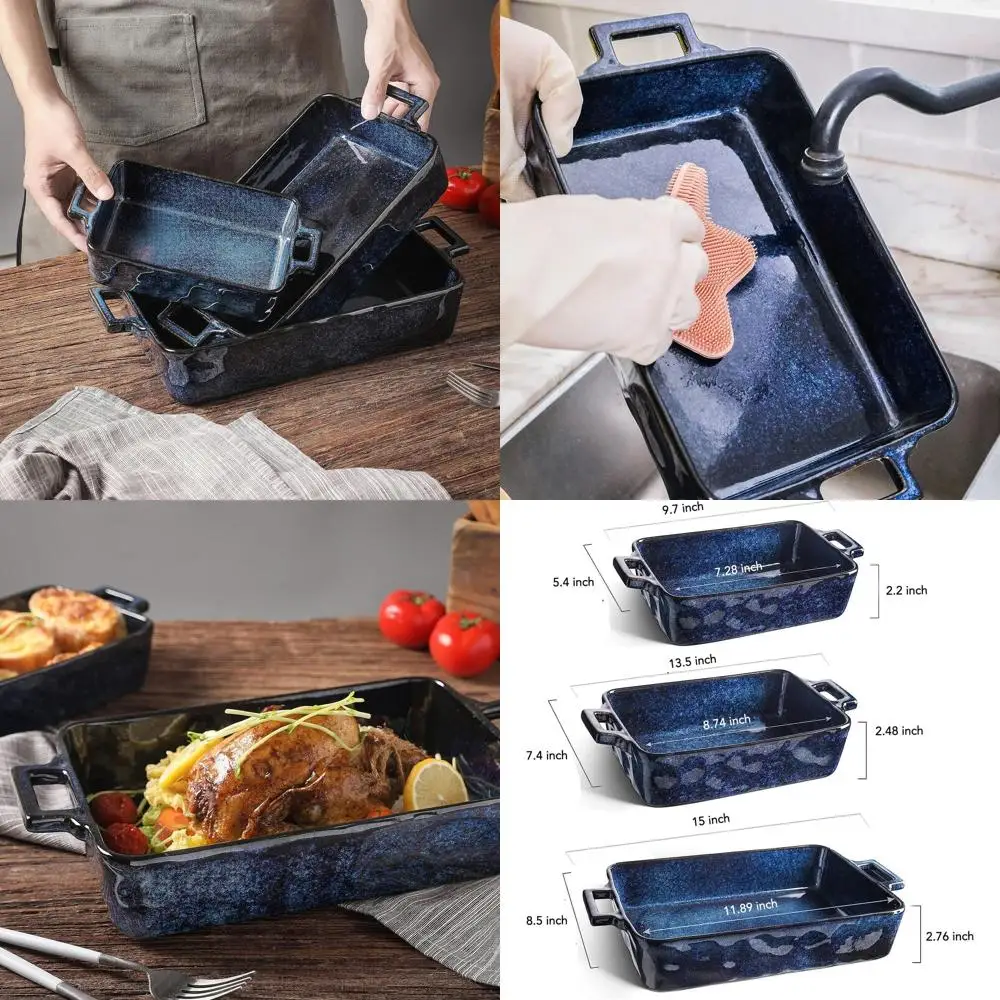 

3-Piece Blue Porcelain Rectangular Lasagna Casserole Set for Baking, Cooking, and Daily Use