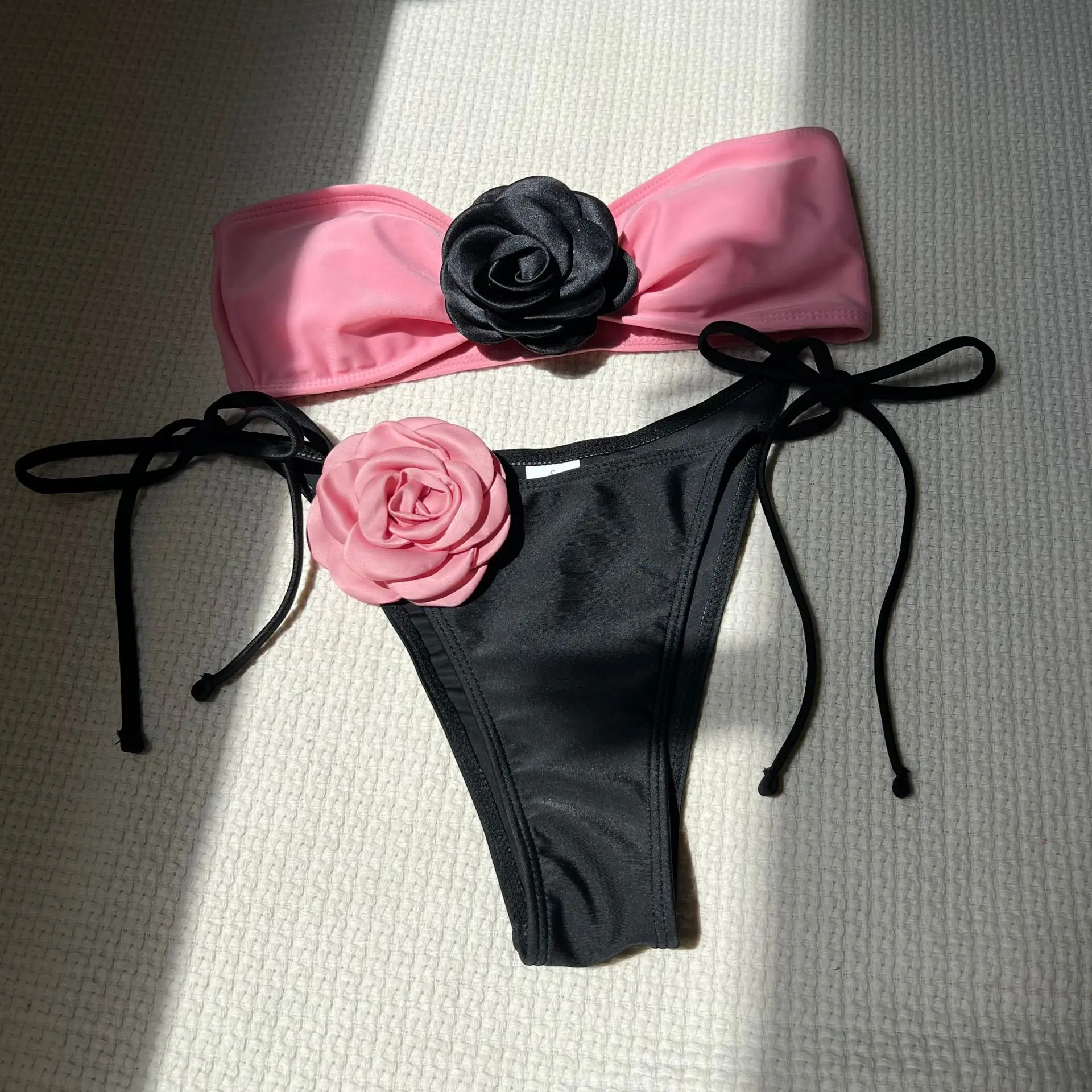 Bikini Set Sexy 3d Roze Bloem Bloemen Push-Up Badkleding Vrouwen String Badpak Badpak Bader Bikini 2024 Muejr Zwemkleding