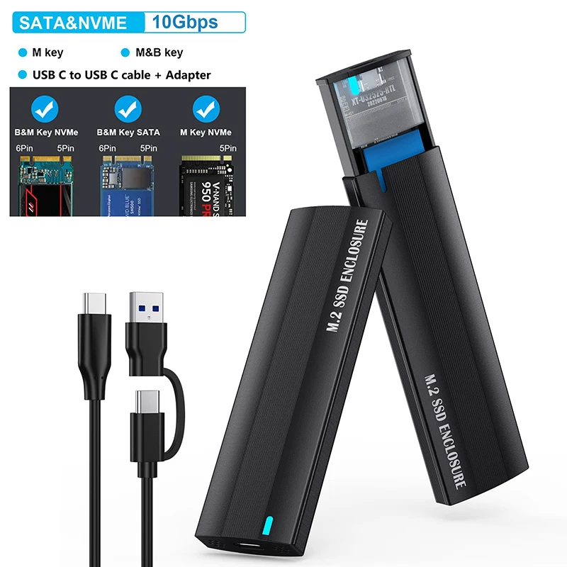 Obudowa USB Type-C M.2 NVME PCIe/NGFF SATA na zewnętrzny dysk SSD, prędkość 10 Gbps, obsługa wariantów kluczy M i B&M.
