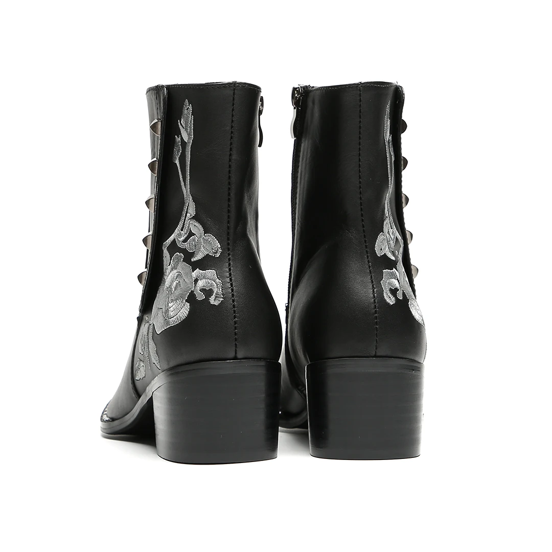 Men's Creative Pattern Vintage Black Mid-Heel Boots Metal-Tip Cowboy Boots High-Top Riding Boots