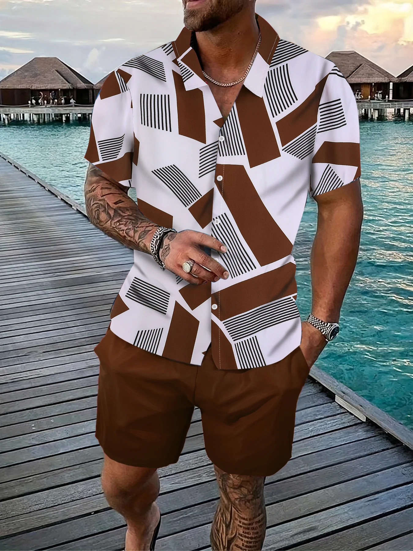 

Men's Trendy Casual Set, Stripe Geometric Pattern Shirt & Caramel Solid Shorts for Daily Wear