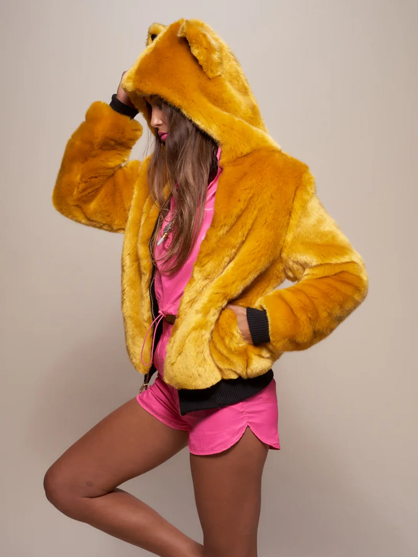 New Ladies Luxury Faux Fur Coat Yellow Winter Long Sleeve Animal Ear Cap Hooded Thick Warm Women High Quality Fake Fur Overcoat