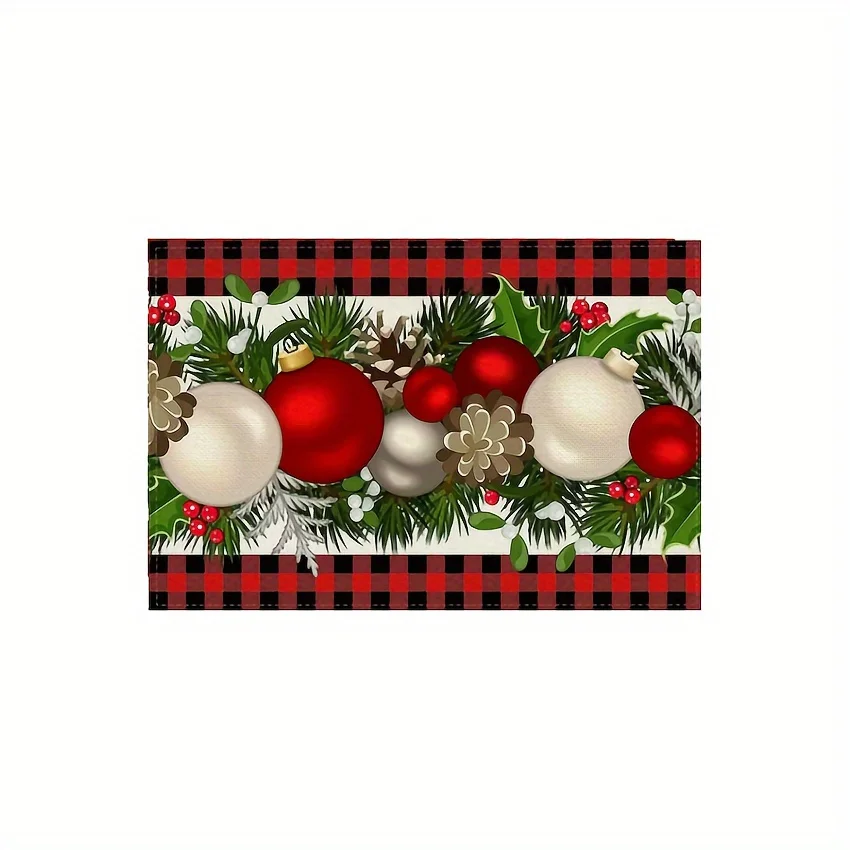 4pcs Christmas Placemat Set, Red‑Black Buffalo Plaid Xmas Ornament Pinecone Holly Print for Holiday Dining Table Decor