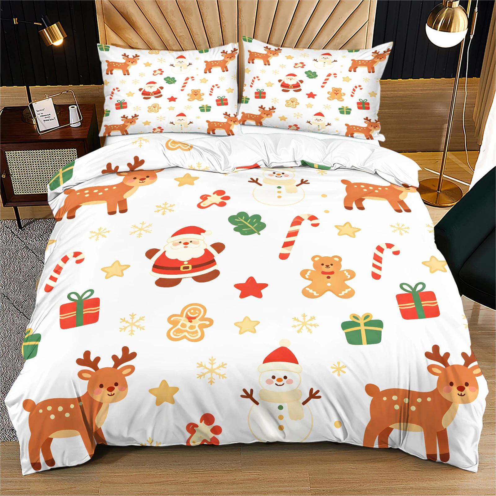 Festive Cartoon Cute Christmas Duvet Cover Set Santa Claus Reindeer Snowman Gingerbread Man Candy Cane Gift Print Bedding Set