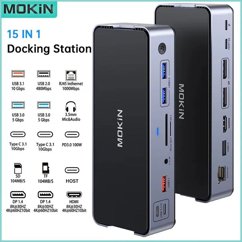 MOKiN 15 in 1 Docking Station for MacBook Air/Pro Thunderbolt Laptop USB 3.1 Dual Channels 4K60HZ HDMI 8K30Hz PD 100W RJ45 1Gbps