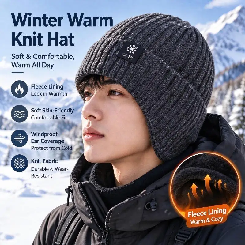 Outdoor Men Winter Knitted Hat Plush Warmth Peaked Cap Earmuff Casual Fashion Faux Fur Lined Hooded Hats Cycling Ear Protection
