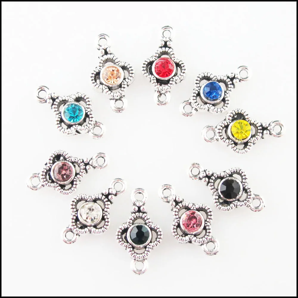 Fashion 30Pcs Mixed Crystal Tibetan Silver Plated Clover Flower Charms Connectors 8x15mm