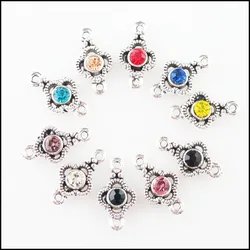 Fashion 30Pcs Mixed Crystal Tibetan Silver Plated Clover Flower Charms Connectors 8x15mm