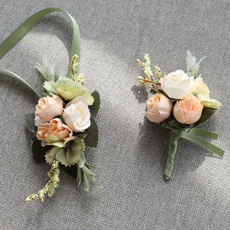 Boutonniere Corsage ข้อมืองานแต่งงานสร้อยข้อมือ Silk Rose ดอกไม้ Party Prom ข้อมือ Corsage แต่งงาน Boutonniere