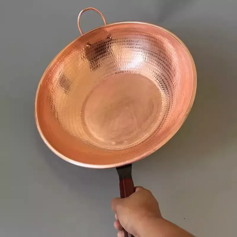 

Pure Copper Frying Pan Induction Cook Wok Handle Handmade Thick Flat Bottom