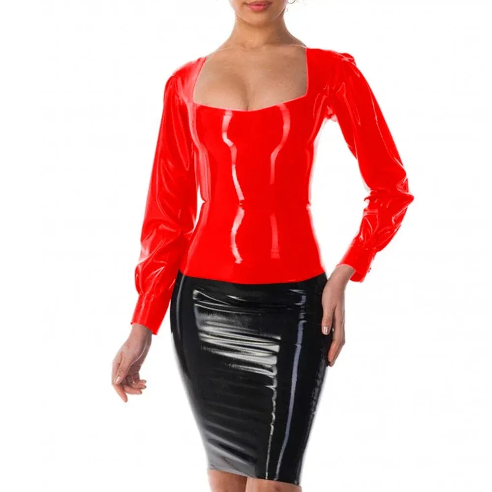 

Plus Size T-Shirts for Women Long Sleeve Bodycon Solid Color T-Shirts Tops Shiny PVC Leather Elegance Office Lady Slim Fit Tops