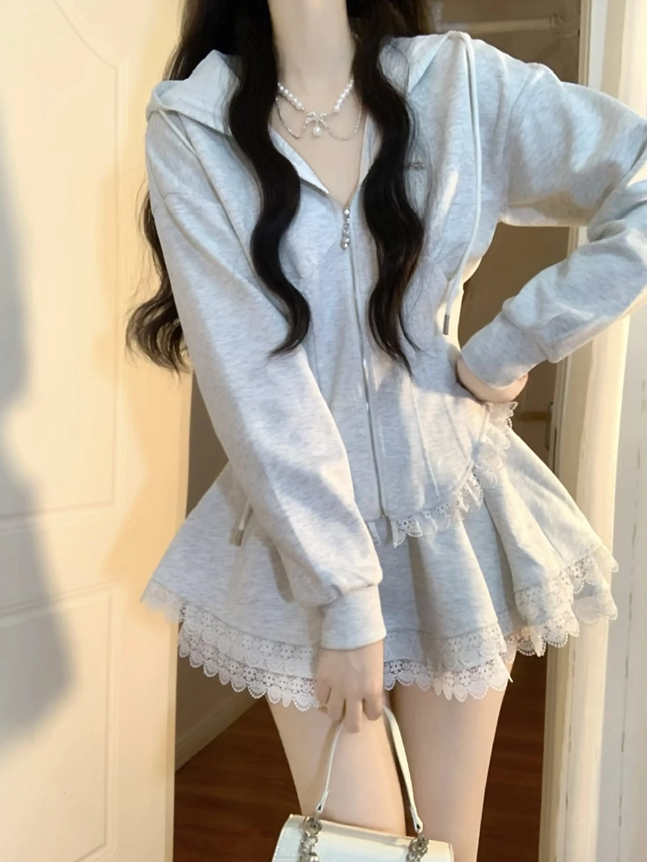 

School Students Grey Hoodie Sets Spring Autumn Long Sleeve Zip Hooded Cardigans Coat + High Waist Elegant Lace Skirt Suit