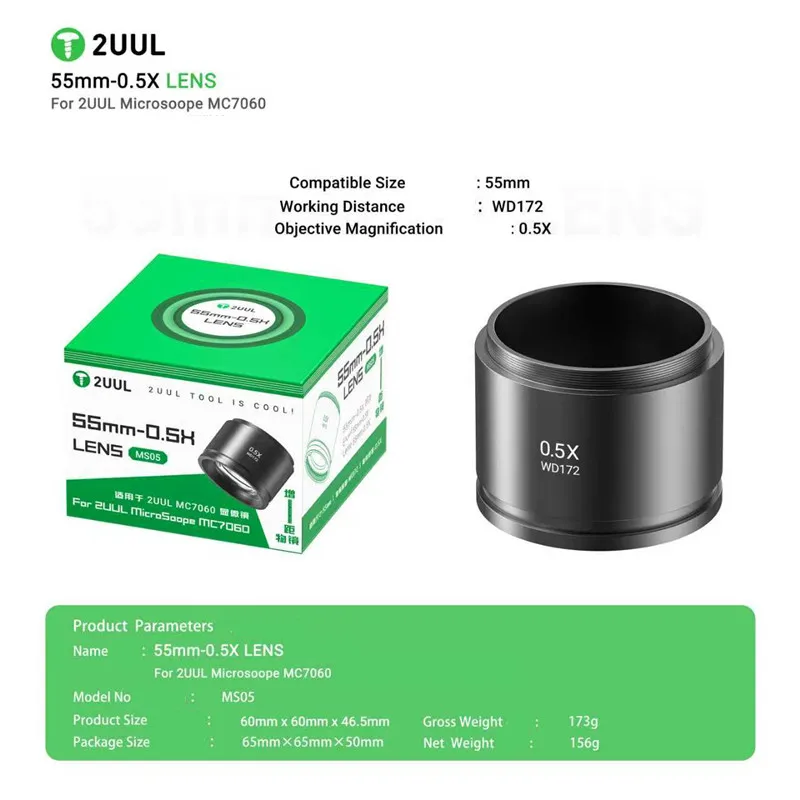 

2UUL MS05 55мм-0.5X Стереомикроскопическая линза HD с защитой и зумом, резьбовое крепление для ремонта печатных плат и точной инспекции