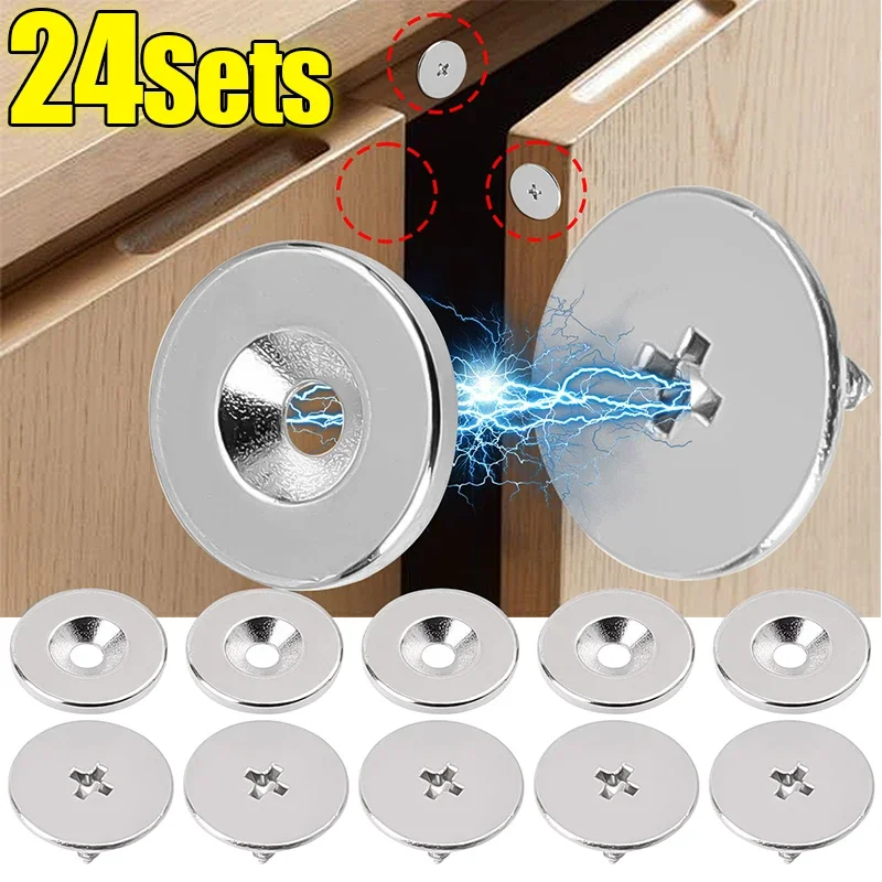 1/24set kabinet kancing magnetik lemari laci pintu gesper Magnet dengan sekrup penutup tersembunyi lingkaran lemari dapur segel jepret