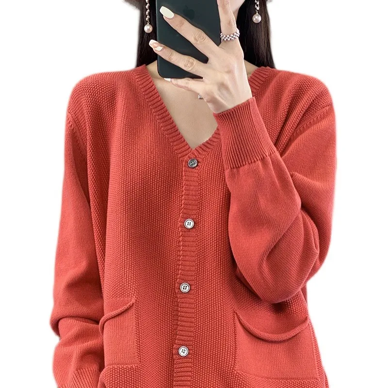 00% чистый хлопок, открытый кардиган с V-образным вырезом, женский свободный вязаный свитер на весну и осень, длинный свеч Ele, верхняя одежда