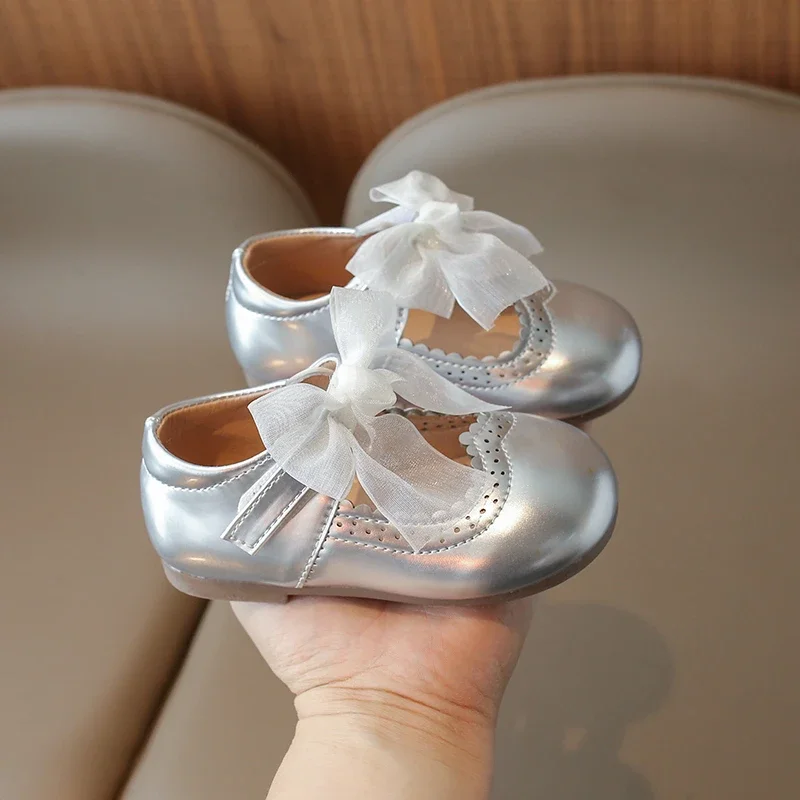 Toddlers Girls Shoes Children's Flats PU Patent Leather Kids Dress Shoes Soft Cute Princess Sweet With Butterfly-knot Bowtie New