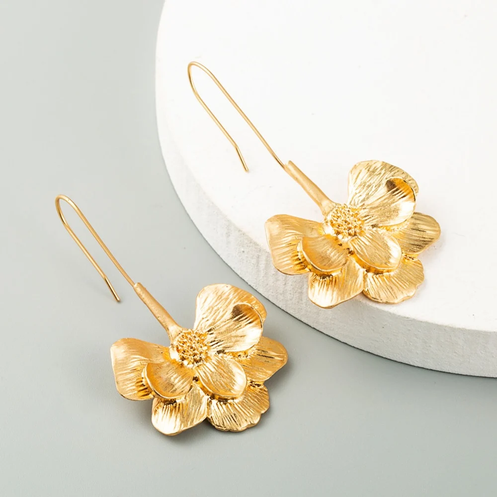 Gold Color Alloy Long Drop Earrings Simple Flower Earring For Women Fashion Jewelry Trendy Women\'s Earrings Accessories Gift