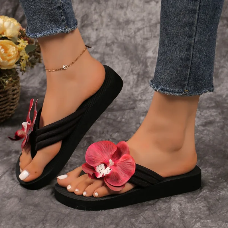 Women's Slippers Summer New Flat Head Round Toe Flower Relief Sandals Casual Comfort Increase Non-slip Flip-flops