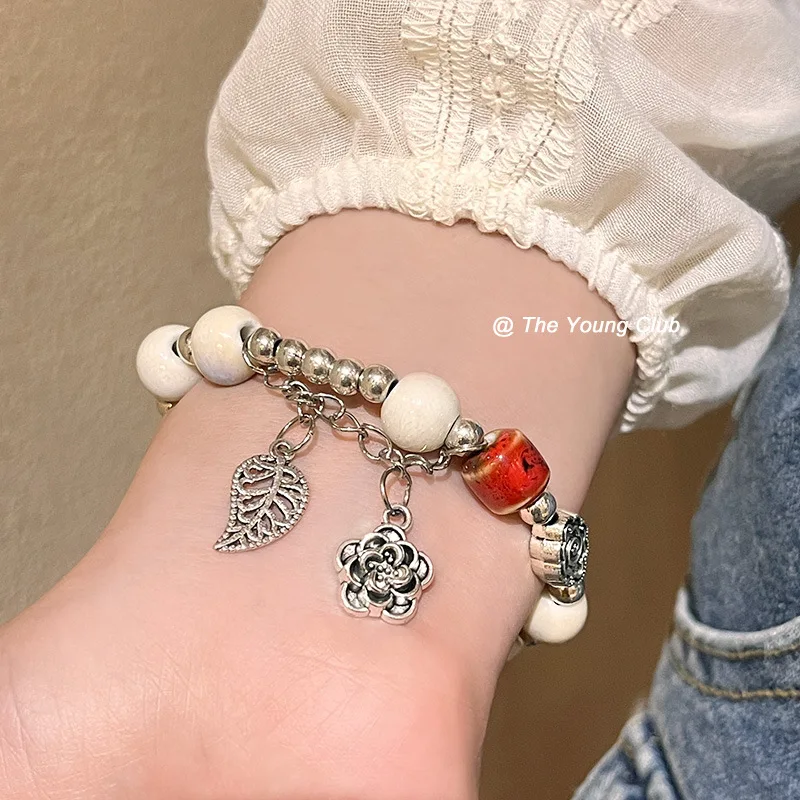 Retro Chinese Style Ceramic Beaded Bracelet Butterfly Pendant Adjustable Chain Wrist Jewelry Women's Daily Dating Jewelry Gift