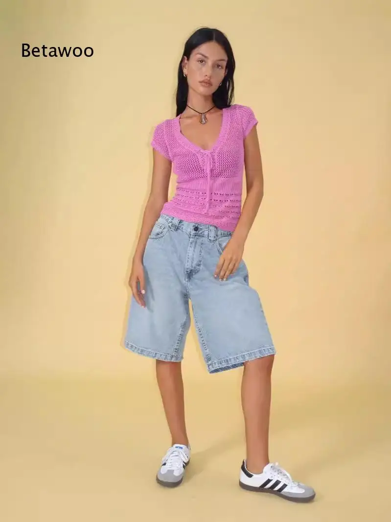 Gradient Black Washed Loose Straight Denim Bermuda Shorts Mid Rise Knee Length Women Casual Jeans view 3