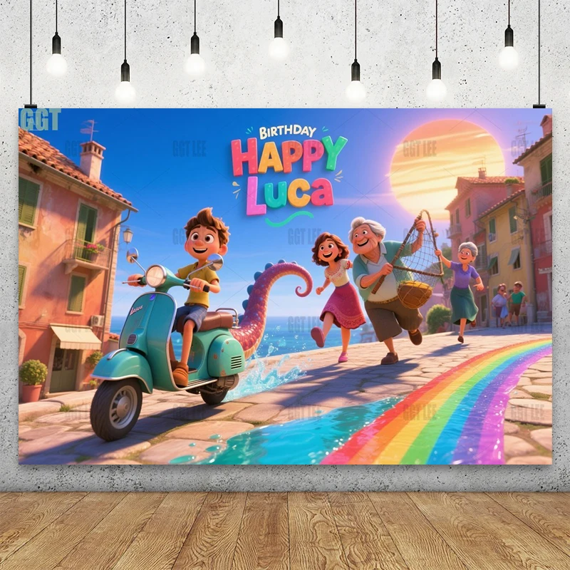 

Disney Luca Rooftop Chase Backdrop - Luca Alberto Giulia Photography Background Banner Vinyl Party Decor Happy Birthday Custom