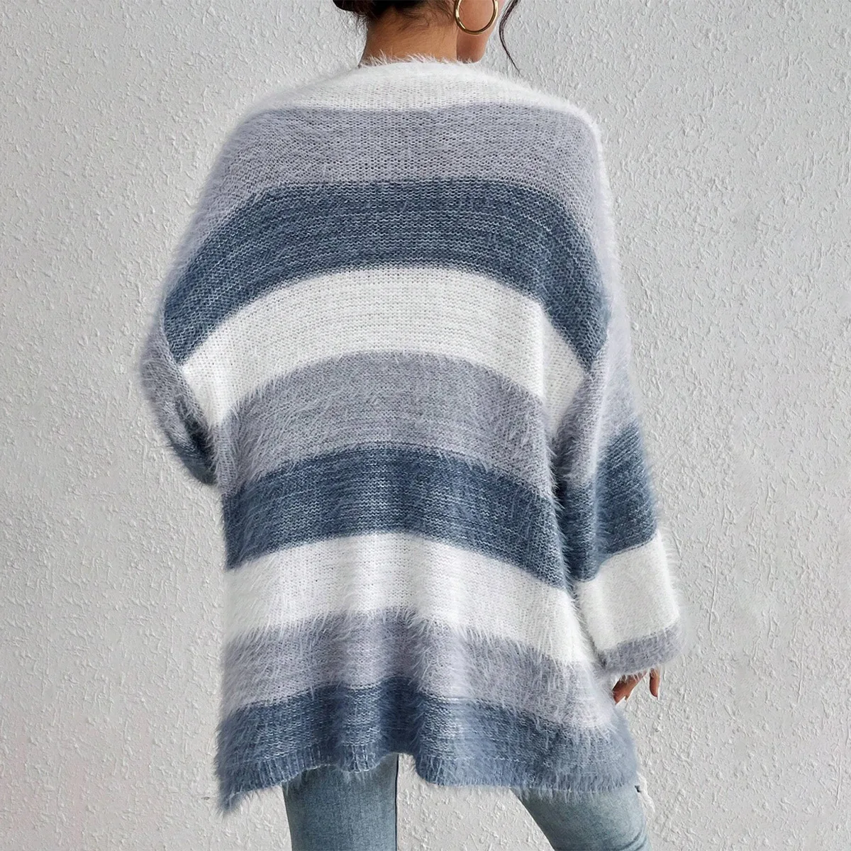 Jumper Wanita Motif Patchwork Bergaris, Cardigan Rajut Longgar dengan Kantong, Kerah V, Lengan Panjang, Sedikit Elastis