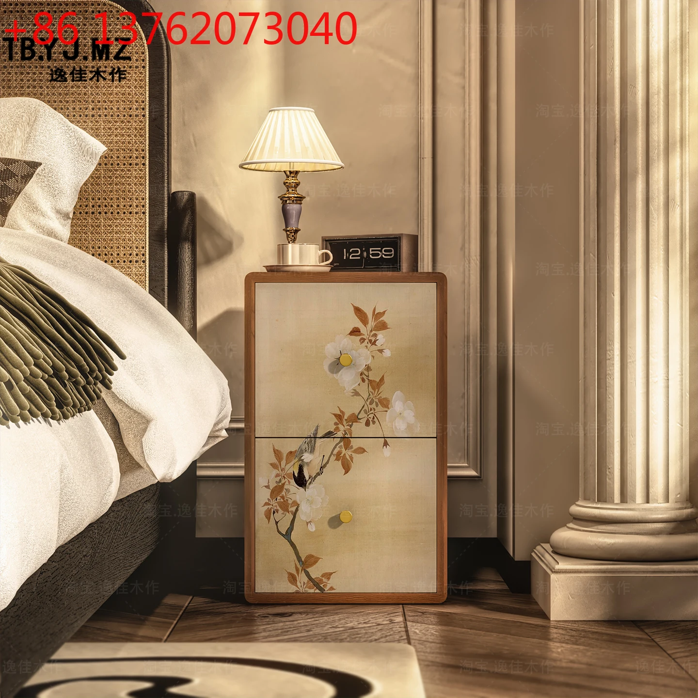 Classical new Chinese style solid wood extremely narrow bedside table floor storage