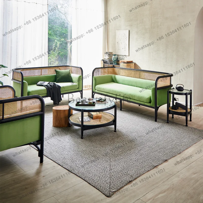 Nordic fabric solid wood modern simple living room three-person sofa rattan sofa