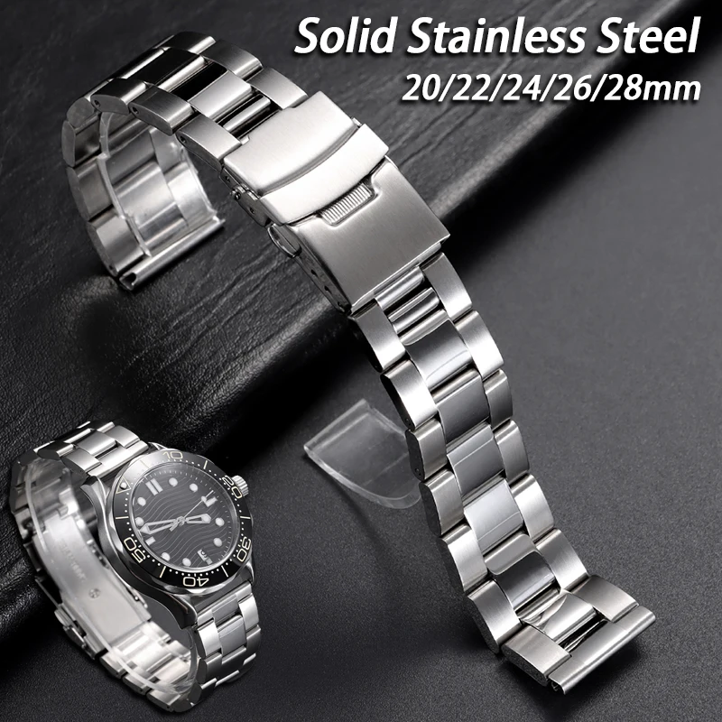 20-28mm Solid Stainless Steel 3 Link Watch Strap Anti-Corrosion Metal Watch Band Fold Clasp for Seiko SKX007 for Oyster Bracelet