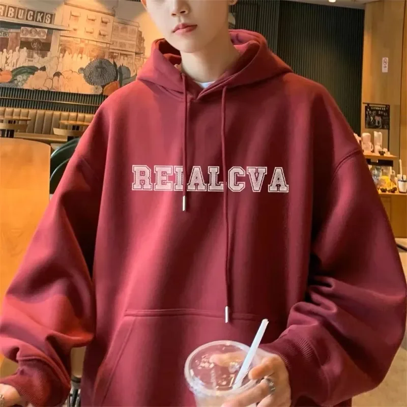 

Autumn Winter Fleece-lined Young Men's Hooded Sweatshirt Baggy Alphabet Harajuku Fashion Novelty And Cotton Funny Male Hoodie