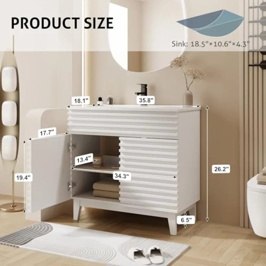 36 Bathroom Vanity with Sink Combo: Mid-Century Freestanding Wood-Striped Cabinet, Adjustable Shelf, Undermount White Single Si