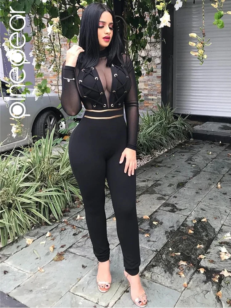 

PinePear Sexy Mesh Jumpsuit Women 2024 Winter Long Sleeve Lace Up See Through Nightclub Bandage Bodycon Romper Drop Shipping