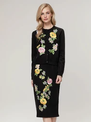 SEQINYY Black Suit Spring Autumn New Fashion Design Women Runway Jacket + Sheath Knee Skirt Embroidery Flower Knitting Elegant