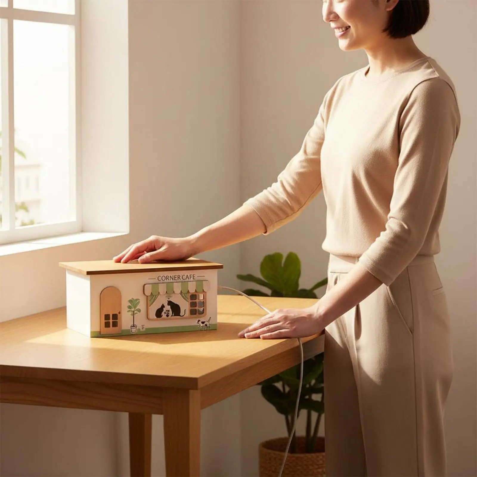 Boîte de gestion des câbles en bois, design ajouré en forme de maison, pour un rangement et une organisation décoratifs des multiprises sur le bureau