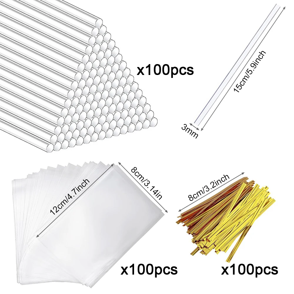 100Pcs DIY Lollipop Sticks Clear Cellophane Bag Kit Cake Pops Paper Sticks for Making Lollipop Candy Chocolate Cupcake Toppers