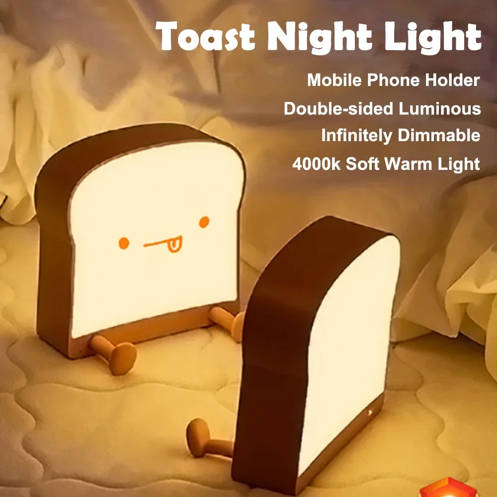 Cute Cartoon Toast Night Light Timing Function Table Lamp Rechargeable Room Decor Ambient Lighting Children Creat Birthday Gifts