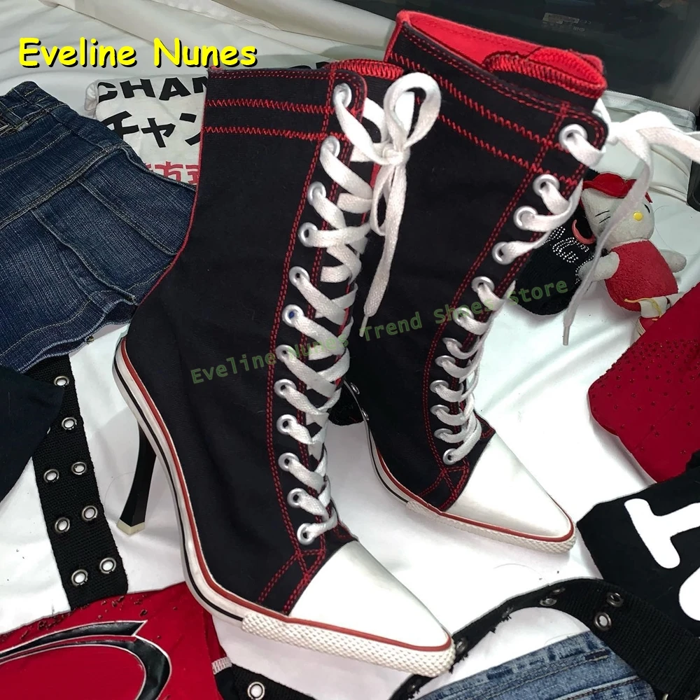 

Холщовые женские кроссовки на шнуровке с острым носком на тонком каблуке, разноцветные повседневные модные ботильоны, осень 2023, новый стиль, обувь