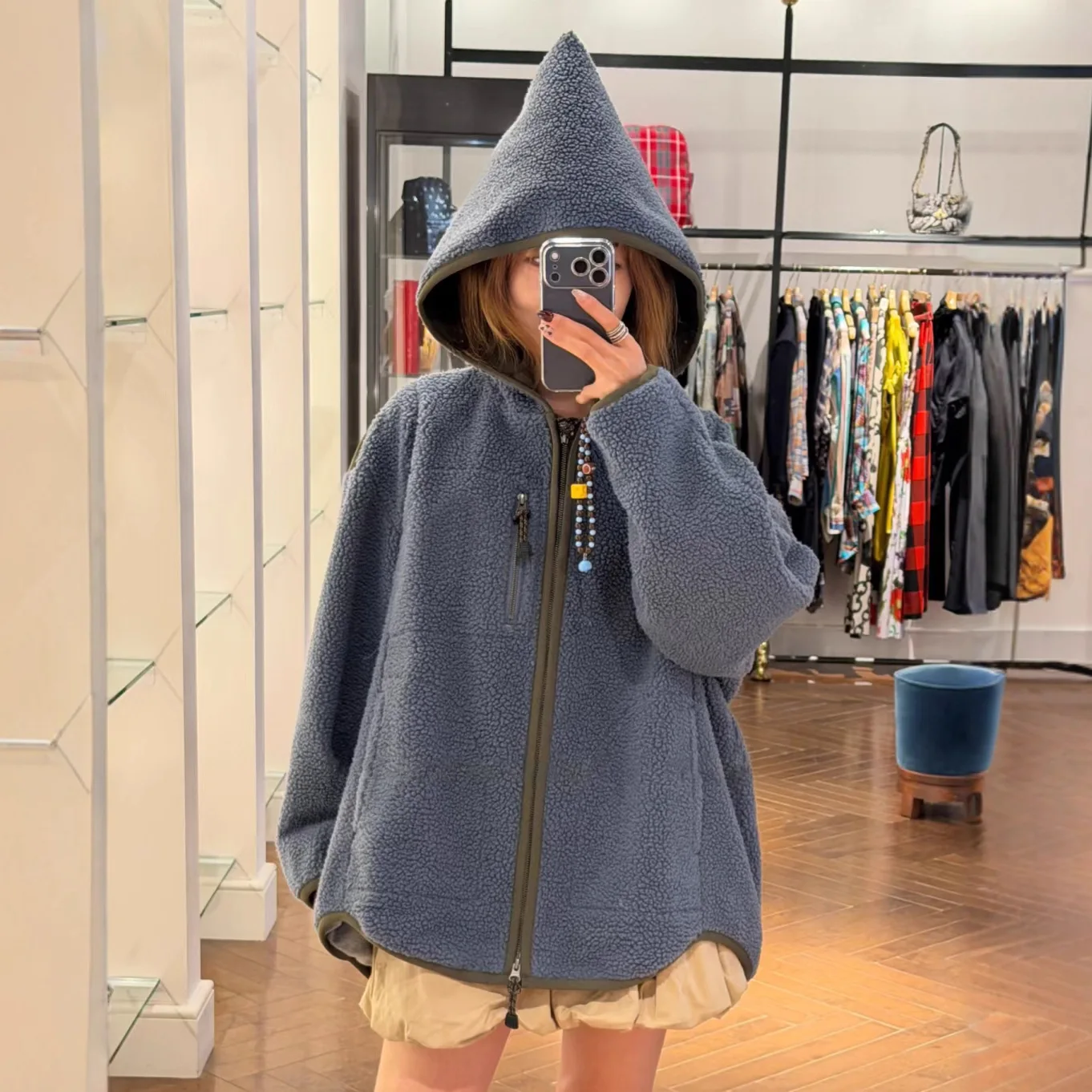 سترة شتوية نسائية جديدة من Saturn بغطاء للرأس من الصوف باللون الأزرق والرمادي الدافئ