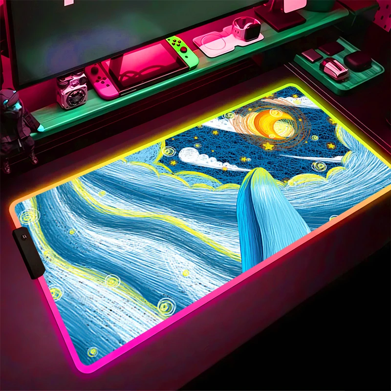 RGB LED ماوس الوسادة المطاط HD ماوس الوسادة نمط لعبة الوسادة ملحقات الكمبيوتر حصيرة مكتبية عدم الانزلاق الجدول حصيرة سحابة الحوت مكتب لوحة المفاتيح