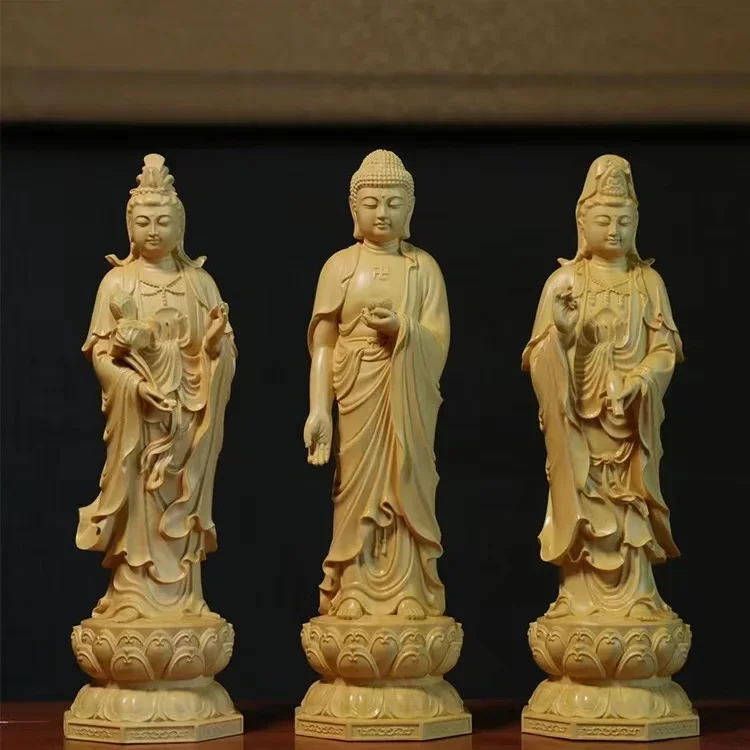 Boxwood Carving Western Three Saints Amitabha Buddha Da Shengjie Guanyin Bodhisattva Home Home Furnishing Decor